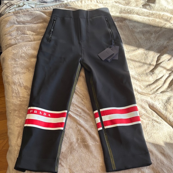Prada Black Pants with Red and White Stripes